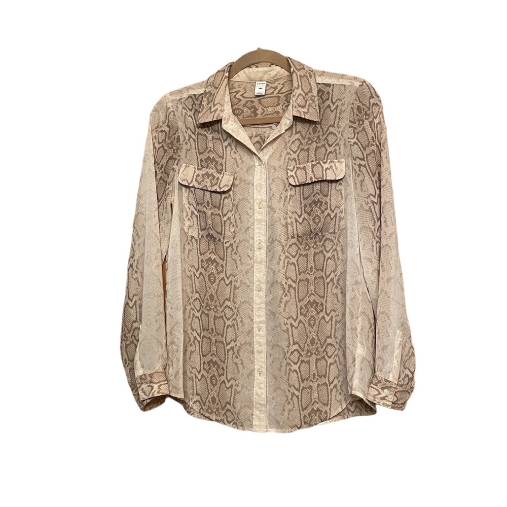 Old Navy Beige Tan Brown Snakeskin Sheer Button Down Long Sleeve Blouse Sz S/P